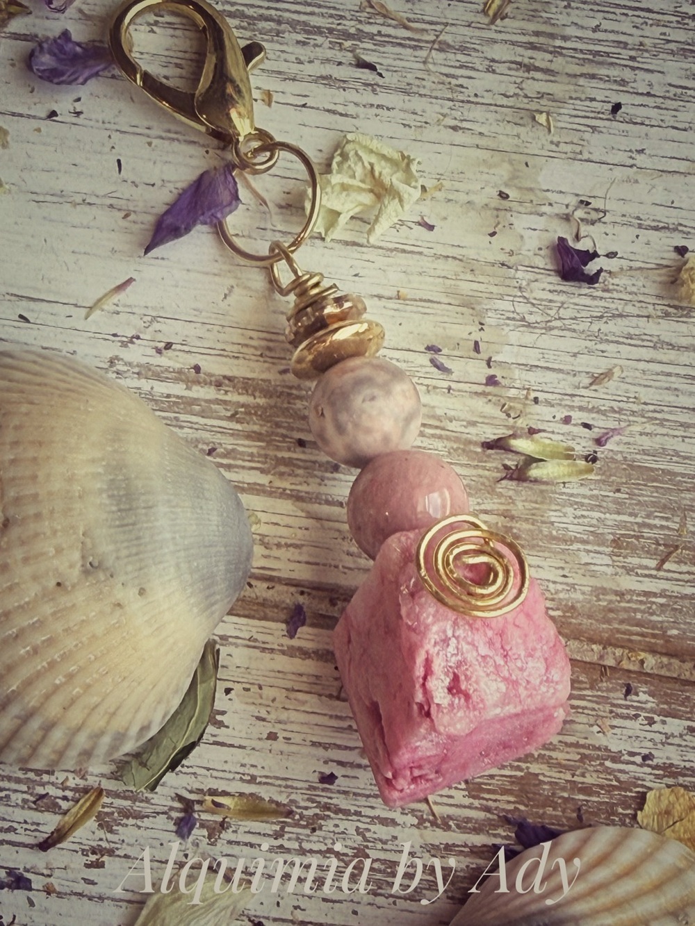 Raw Pink quartz and rhodonite Stones & Gold-Tone Key and Card + bag Charm
